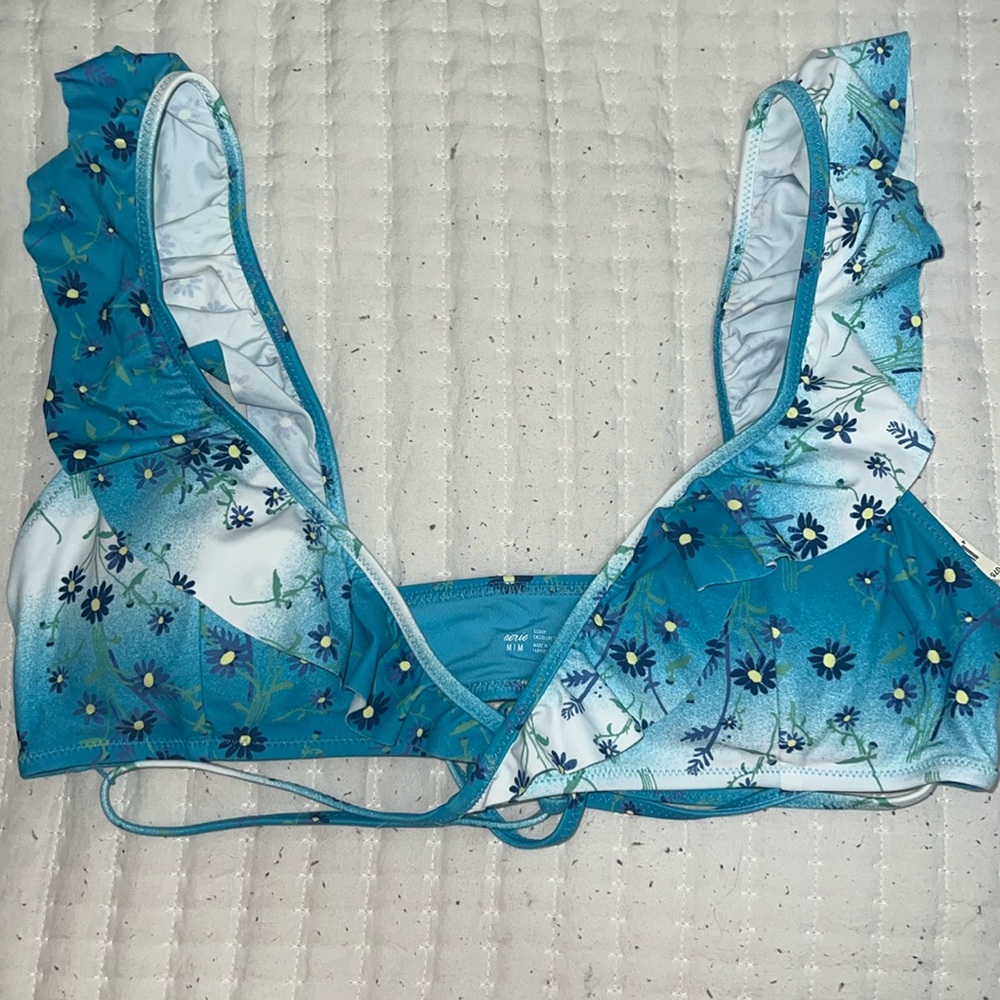Aerie Blue Floral Wrap-tie  Swim Top